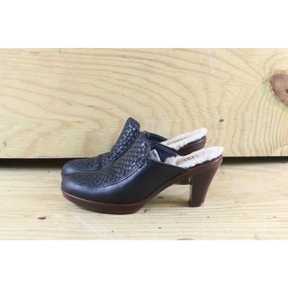 Ugg Shoes Gabriella 7 Shearling Lined Black Leather Woven Heels Pumps Mules - Picture 1 of 9